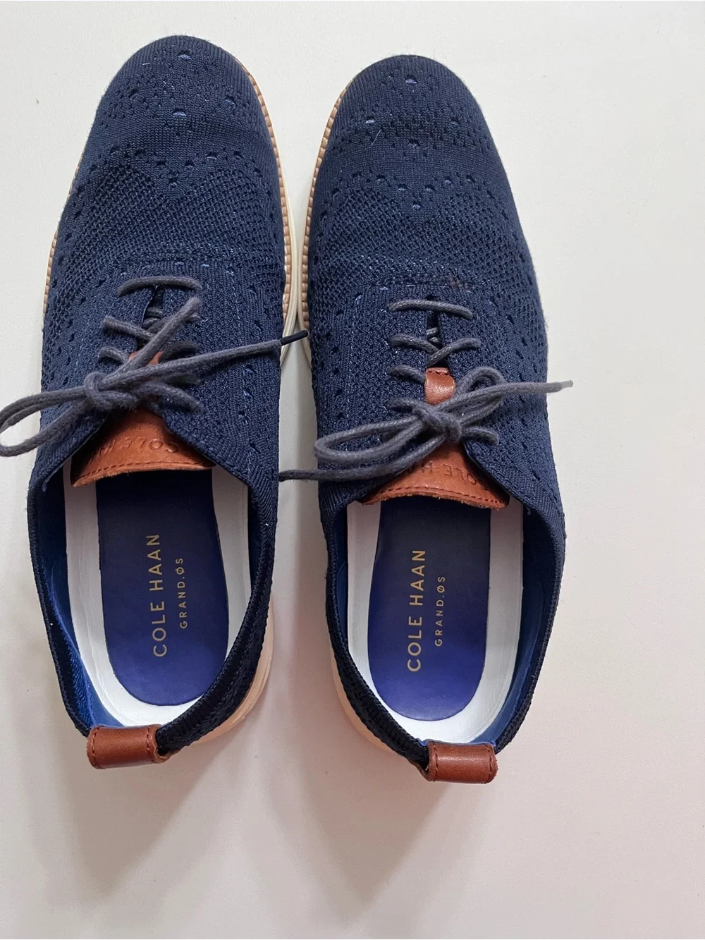 Cole Haan Navy Knit Derby Oxfords with Brown Leather Accents, Men’s Sz 8,5
